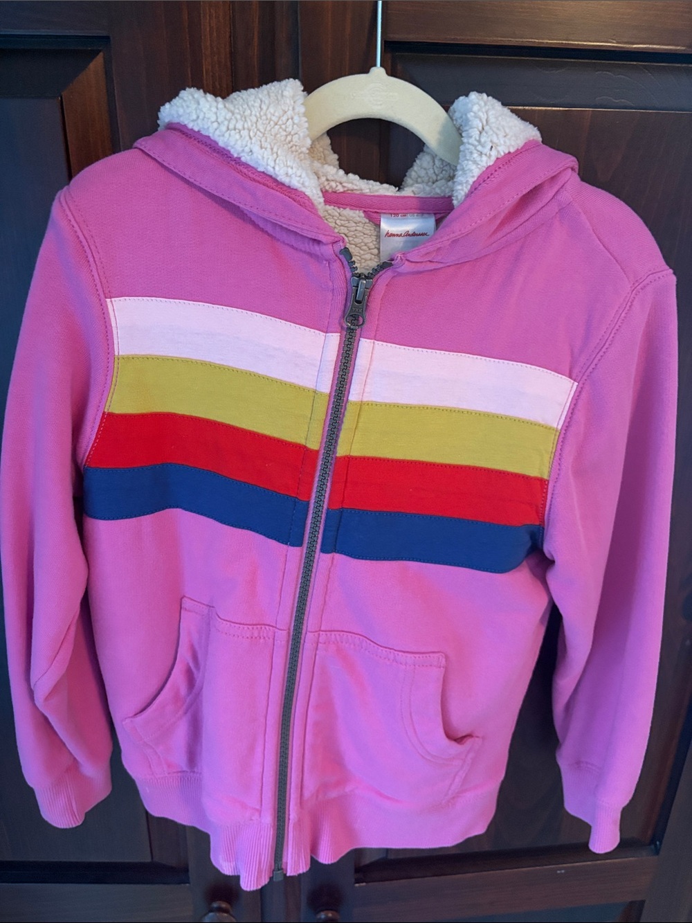 Hanna Andersson Pink Zip Hoodie with Rainbow Chest Stripes